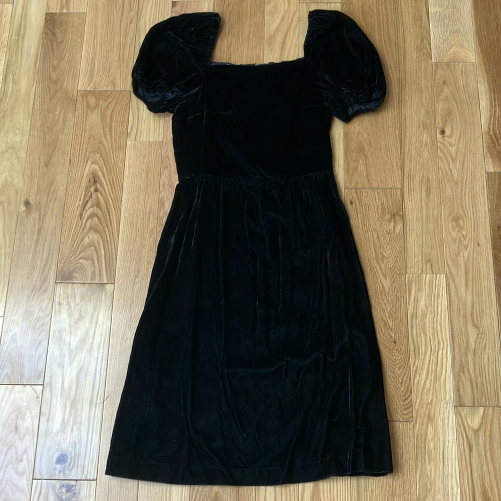 Vintage Black Velvet Dress, puff sleeves, gathered waist